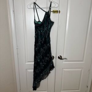 Scala 100% Silk Beaded Fairy Teal Asymmetrical Dress